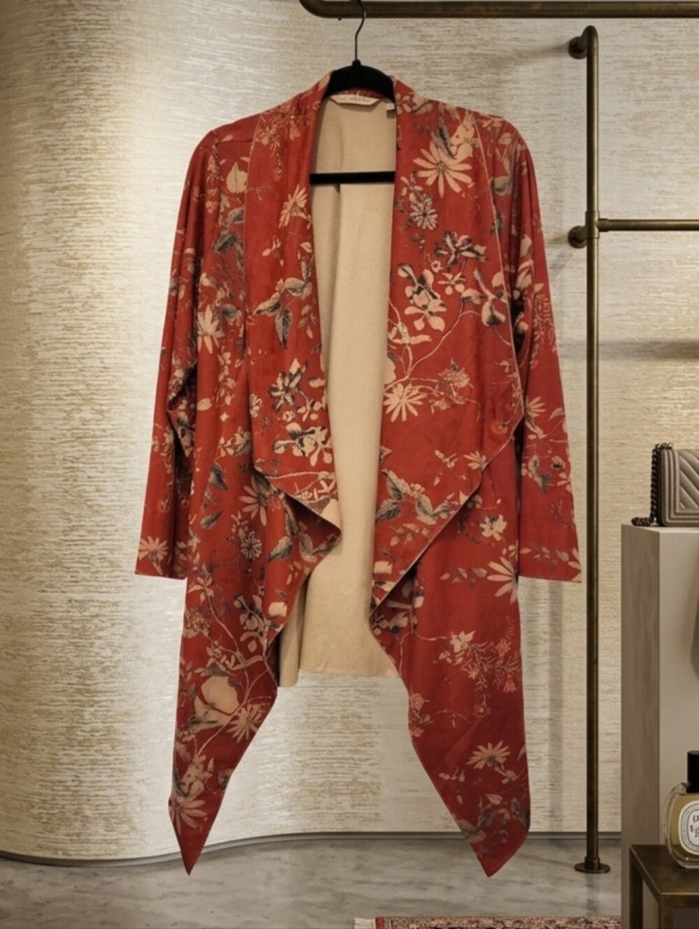 Soft Surroundings Small Faux Suede Floral Print Draped Open Cardigan Rust Cream